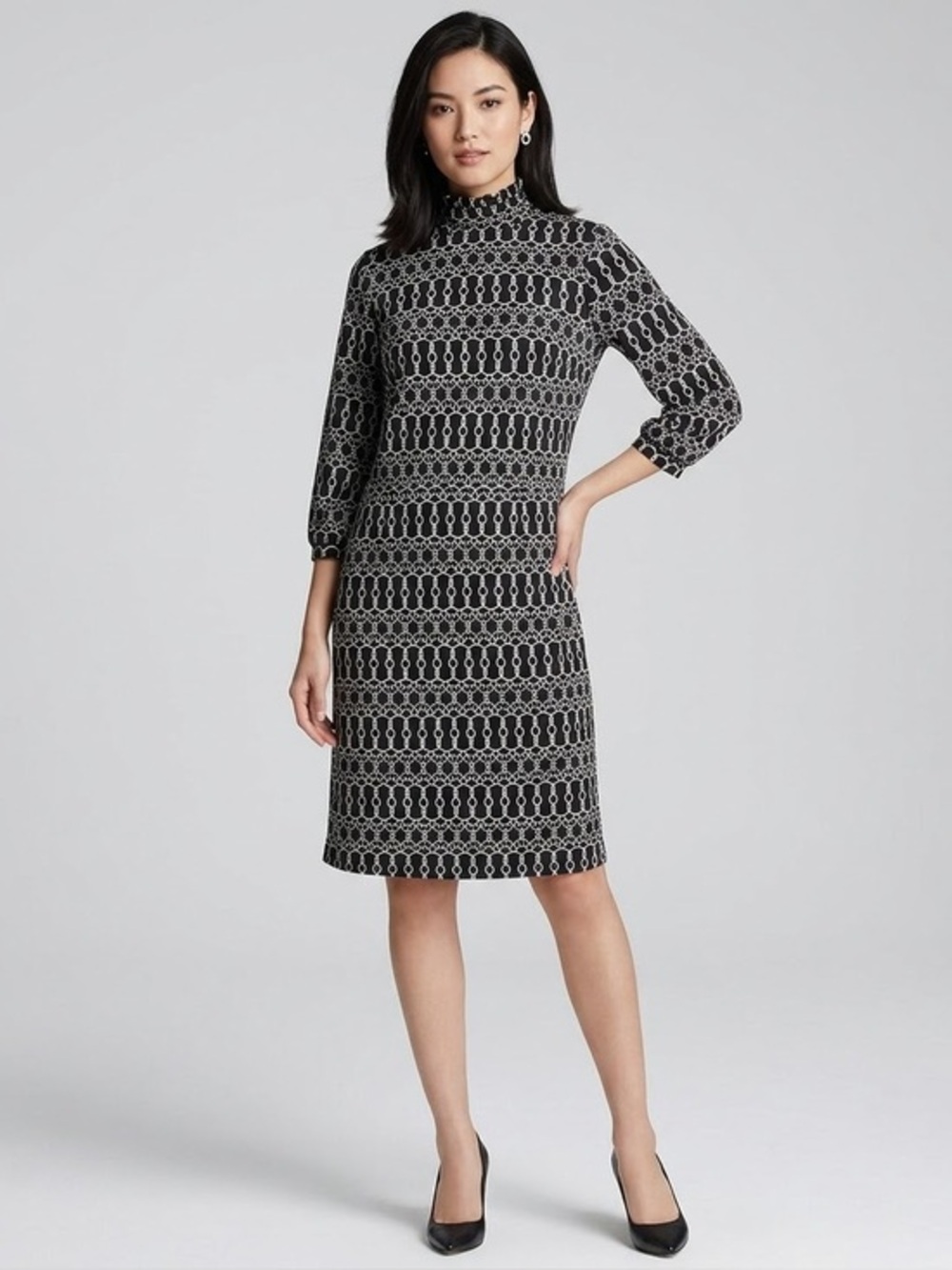 Monteau Petites Medium Black White Geo Print 3/4 Sleeve Jersey A-Line Dress PM